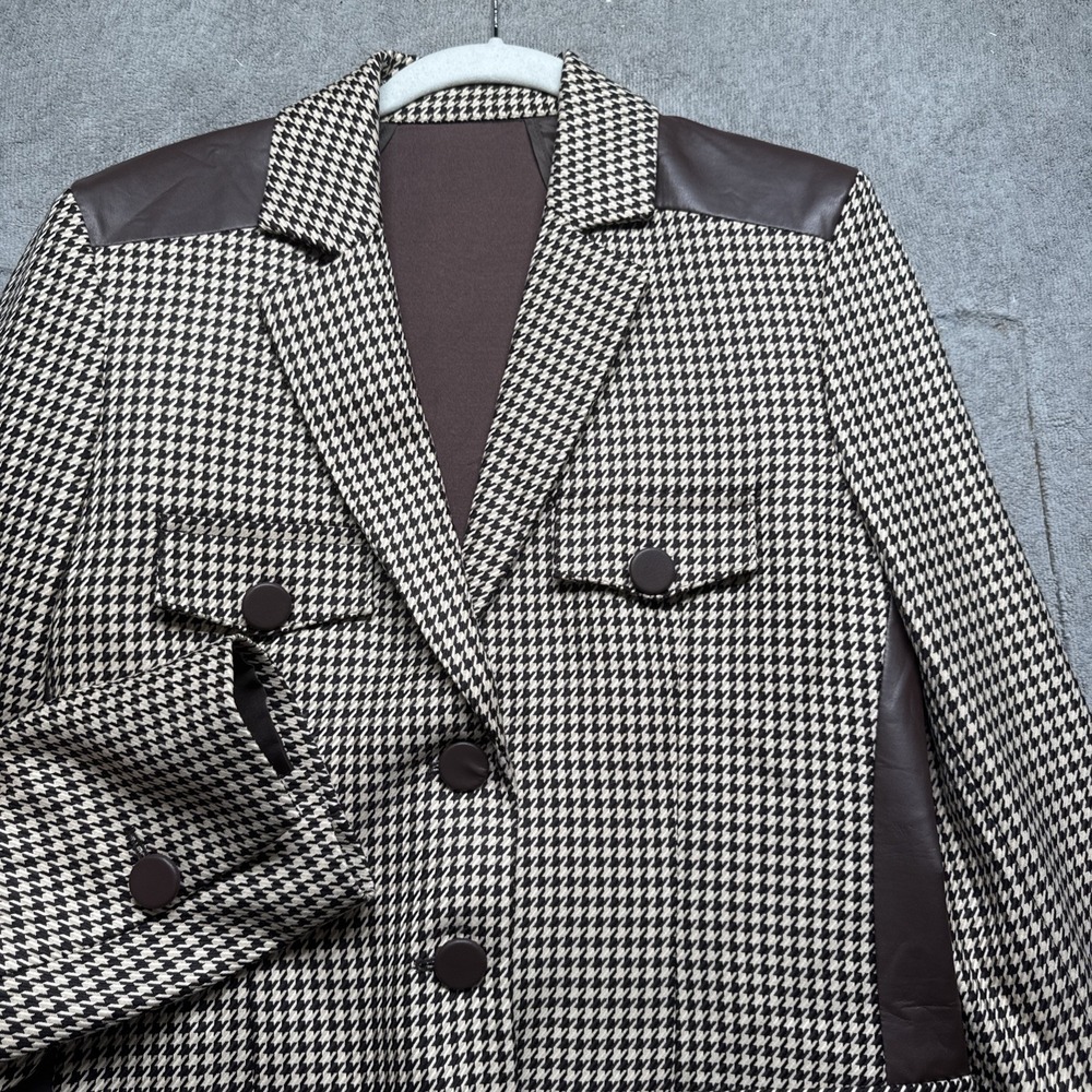 Lola Casademunt Houndstooth Blazer Faux Leather Trim Old Money Equestrian Med